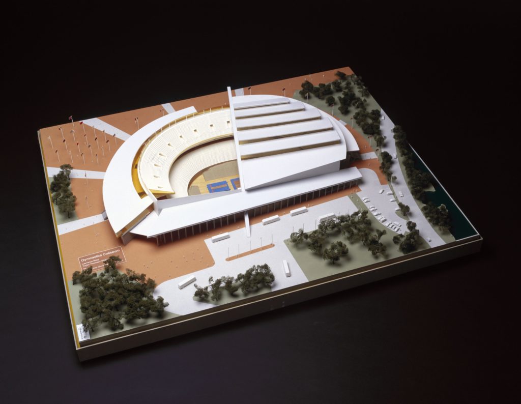 Architectural model of gymnastics stadium and surrounding landscaping